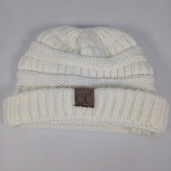 CC Womens OS Ponytail Messy Bun Beanie Ivory Knit Winter Hat Stretch Acrylic - Picture 2 of 6